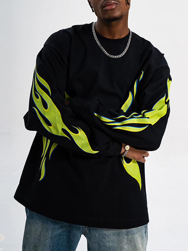 Men's Luminous Green Flame Print Long Sleeve Tee-3