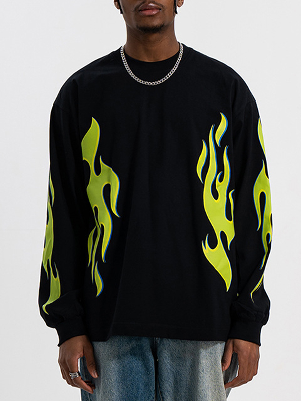 Men's Luminous Green Flame Print Long Sleeve Tee-4